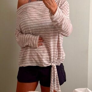 NWT BLU PEPPER White & Lavender Striped Gauzy L/S Off Shoulder Shirt Top Small